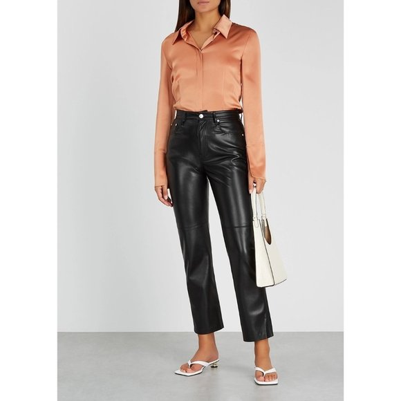 Nanushka Vinni Vegan Faux Leather Crop Straight Leg Trouser Pants - Picture 3 of 8